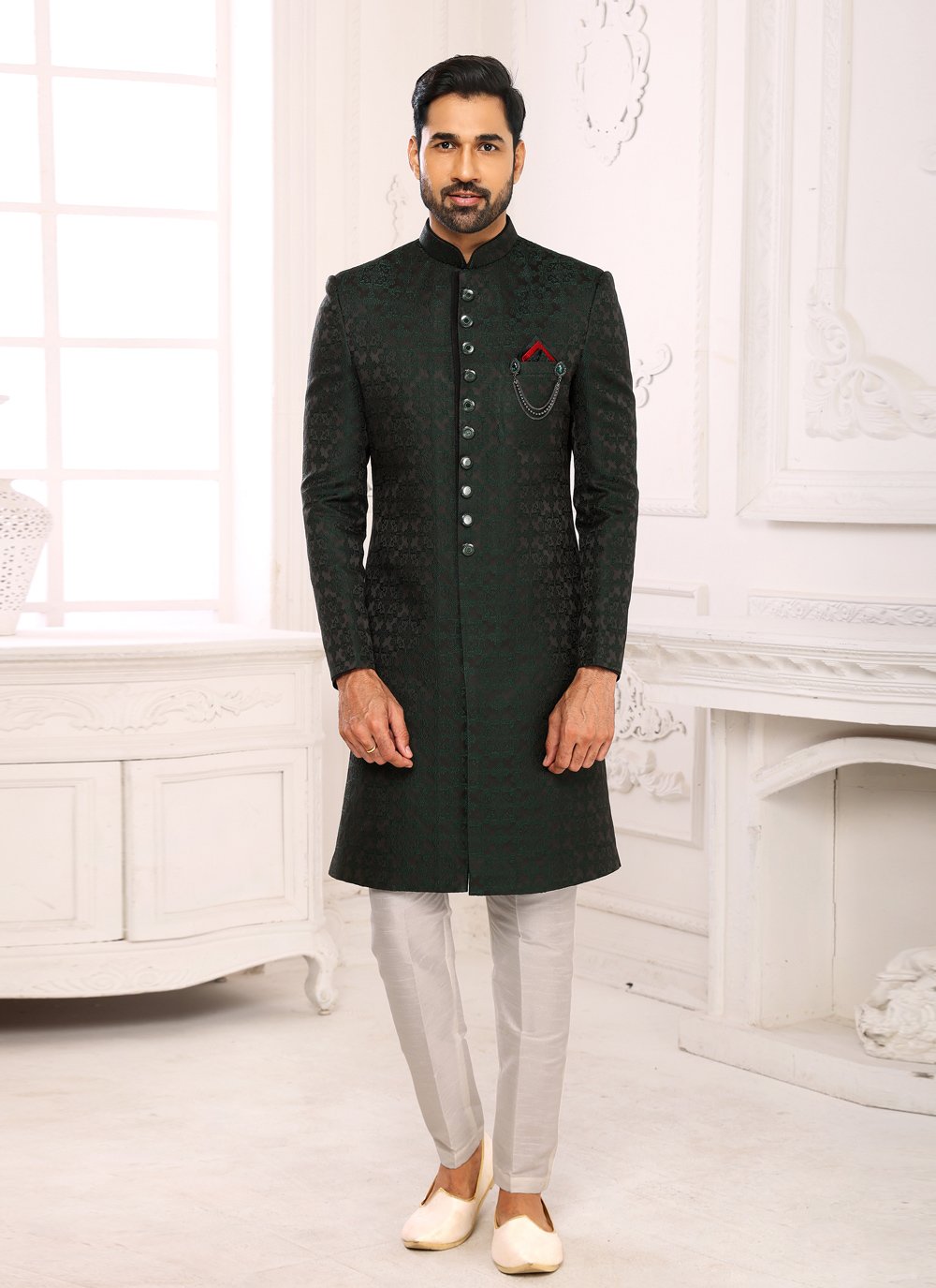 Indo Western Sherwani Imported Green Jacquard Work Mens