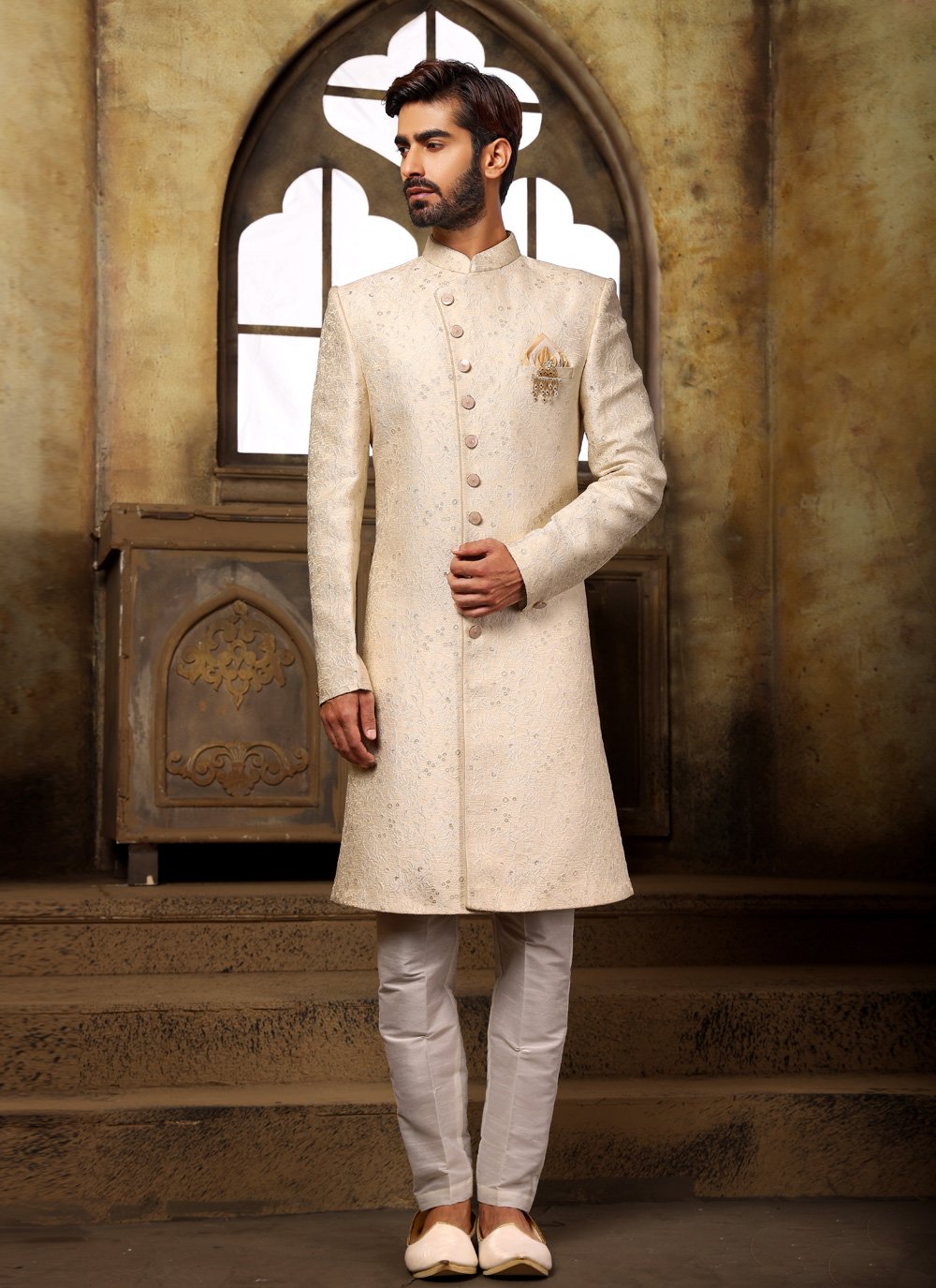 Indo Western Imported Jacquard Cream Jacquard Work Mens