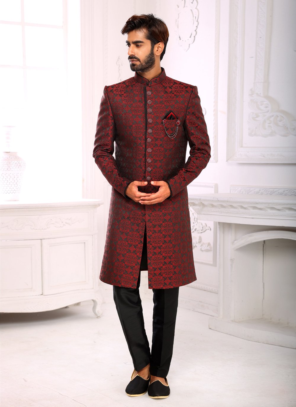 Indo Western Imported Jacquard Maroon Embroidered Mens