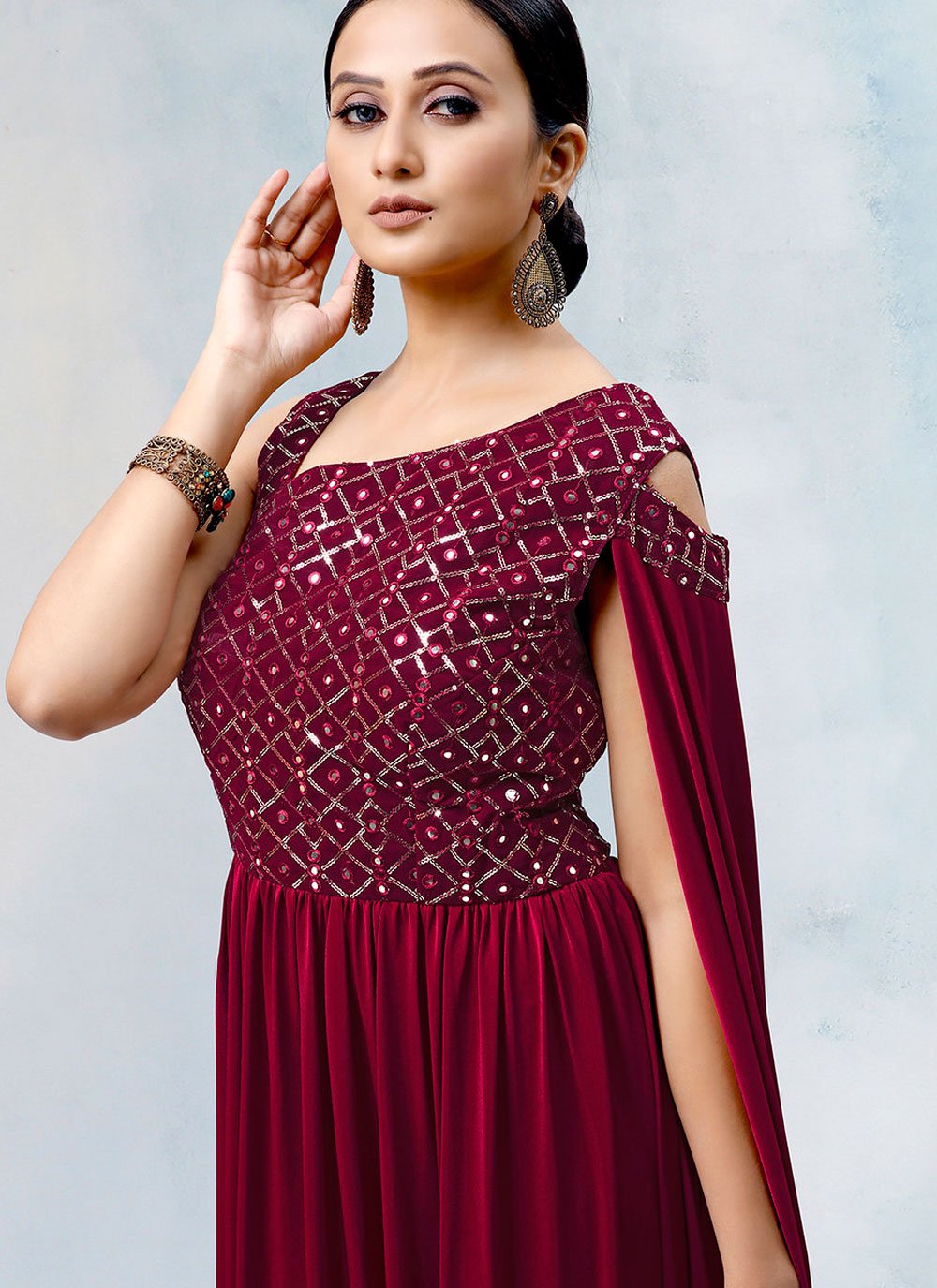 Designer Gown Cotton Lycra Imported Maroon Sequins Gown