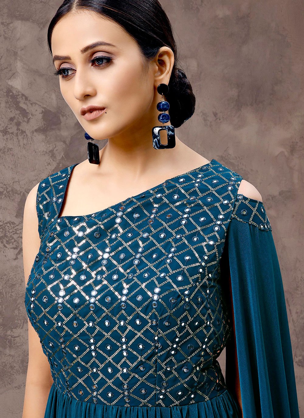 Designer Gown Imported Lycra Teal Sequins Gown