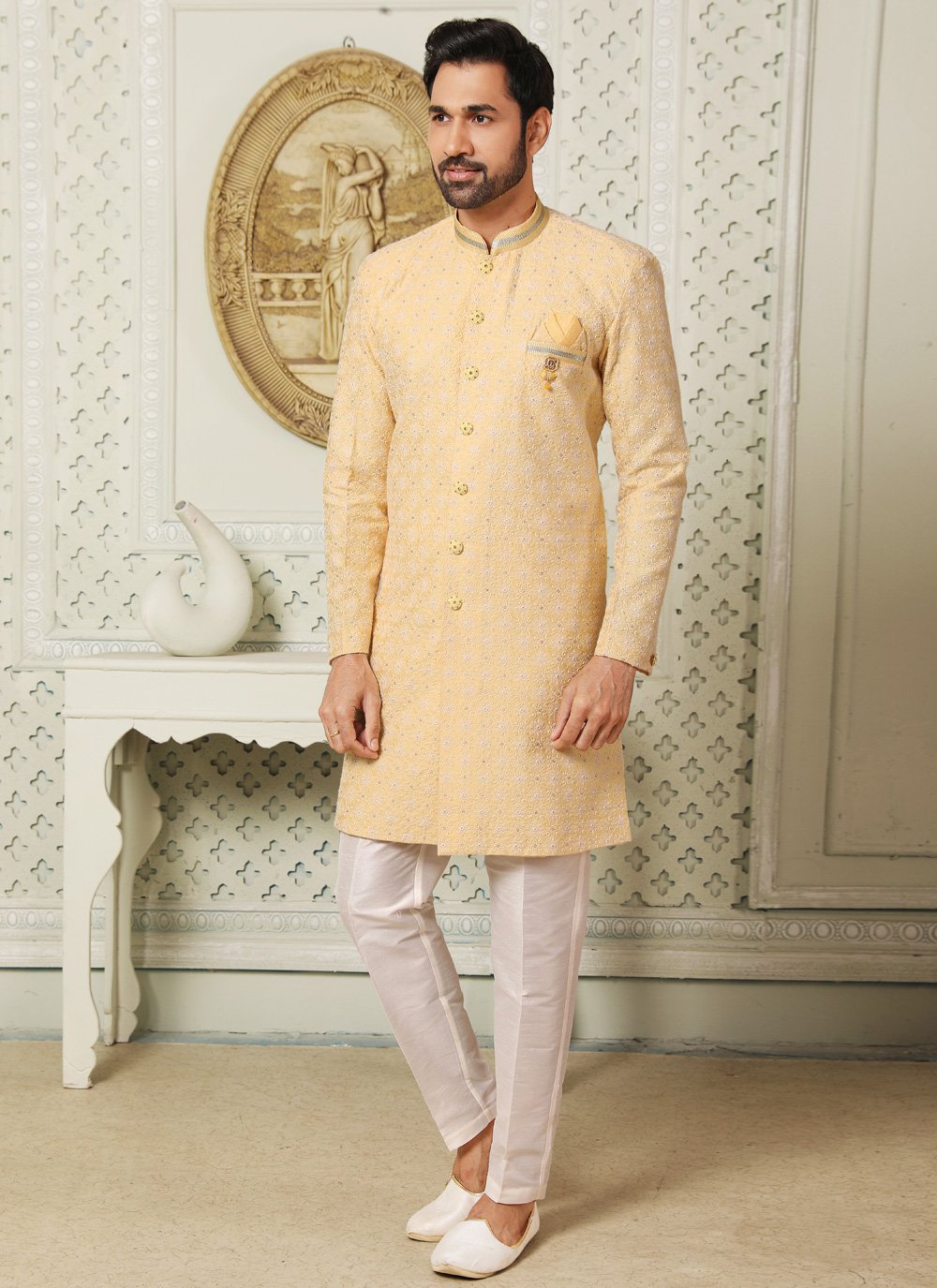 Indo Western Art Silk Yellow Embroidered Mens