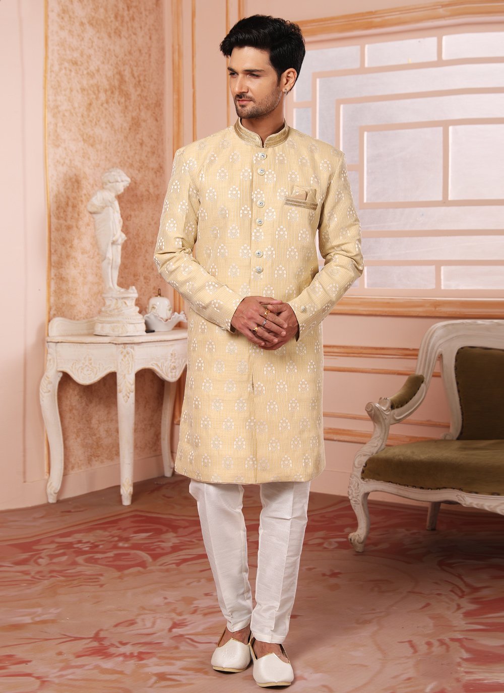Indo Western Art Silk Yellow Embroidered Mens
