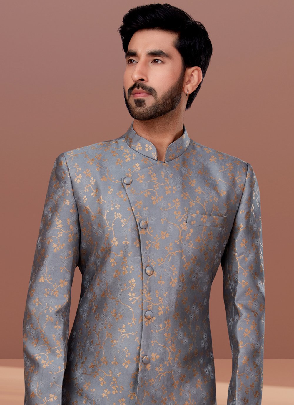 Indo Western Jacquard Grey Fancy Work Mens