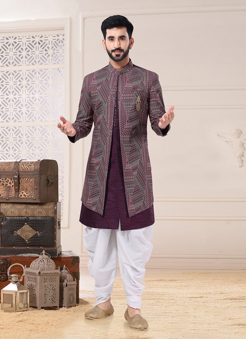 Indo Western Sherwani Silk Wine Embroidered Mens