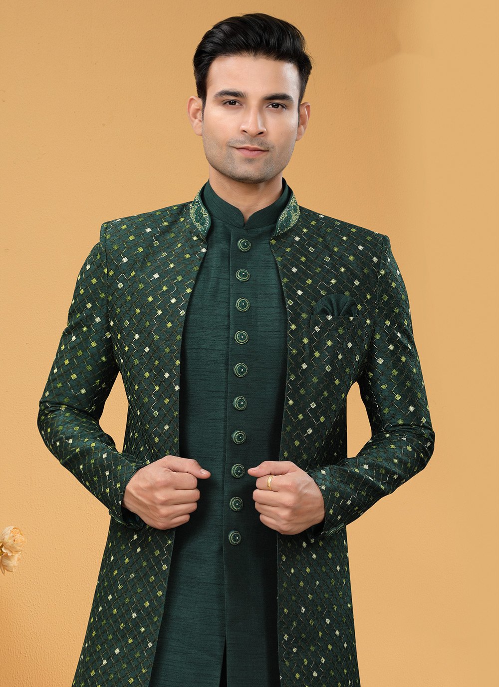 Indo Western Sherwani Art Silk Green Hand Work Mens