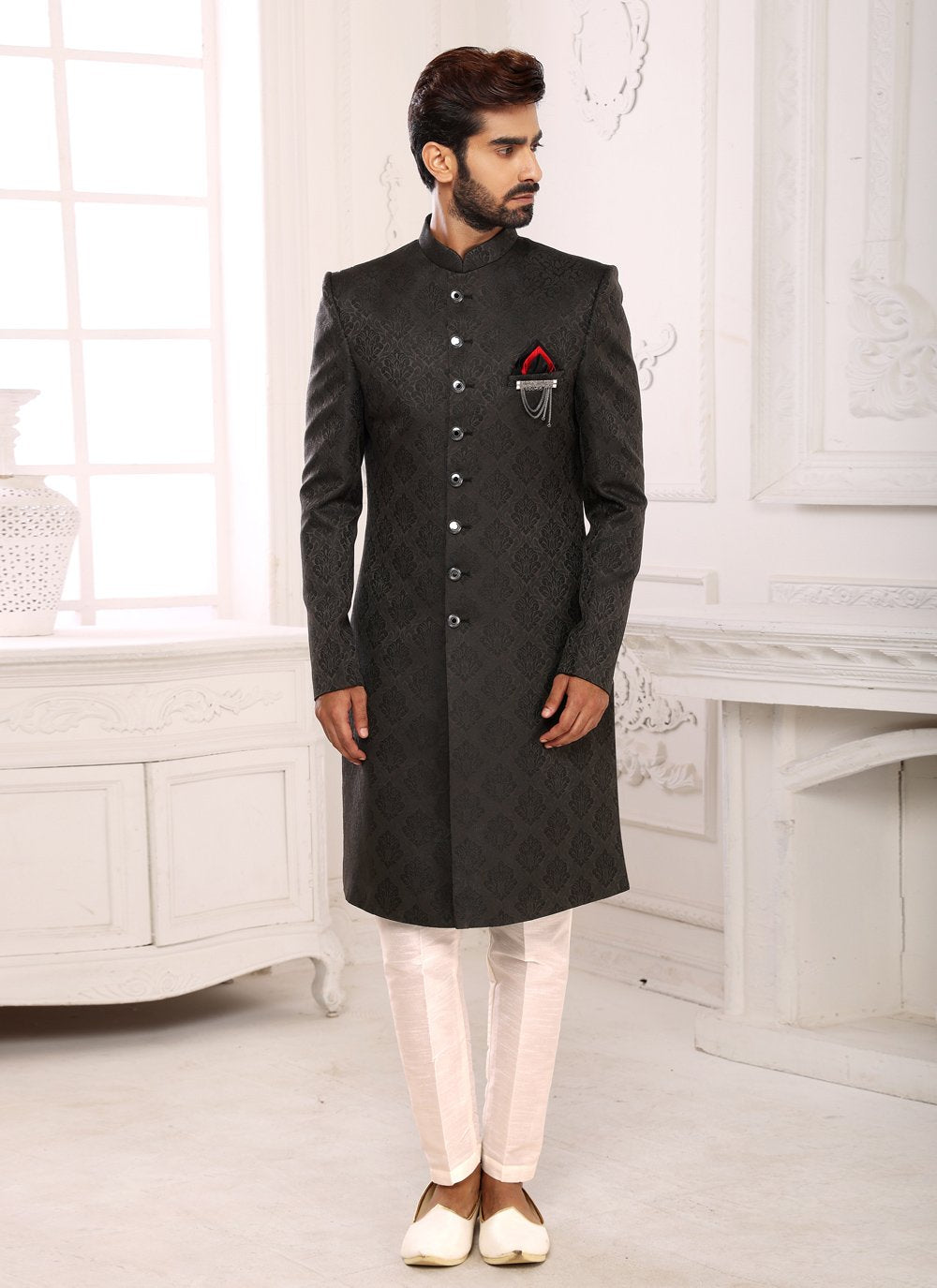 Indo Western Sherwani Imported Black Jacquard Work Mens