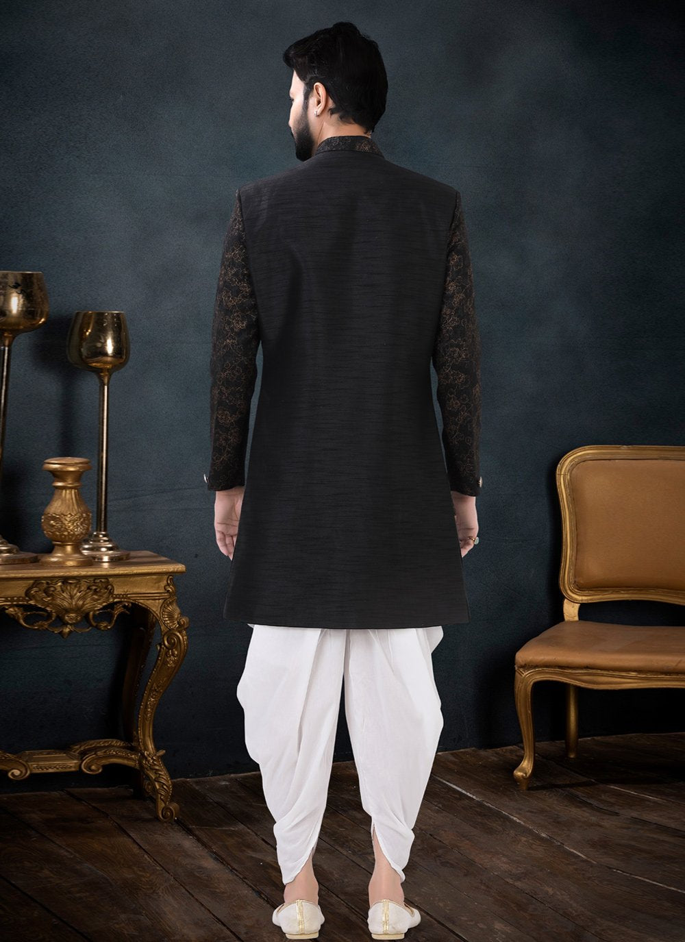 Indo Western Sherwani Jacquard Silk Black Jacquard Work Mens