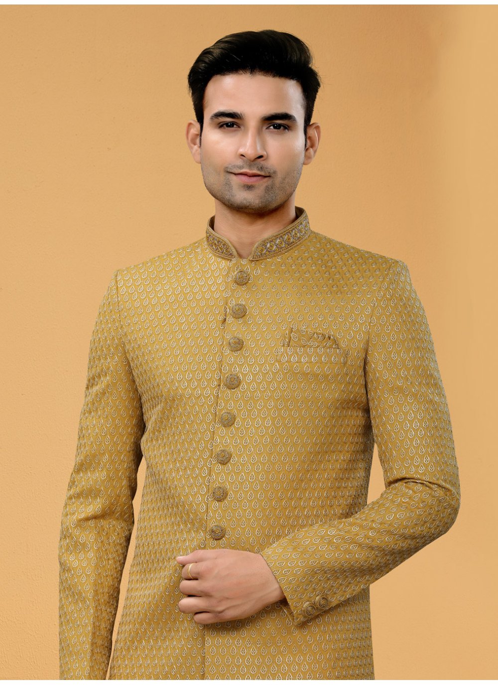 Indo Western Sherwani Fancy Fabric Beige Hand Work Mens