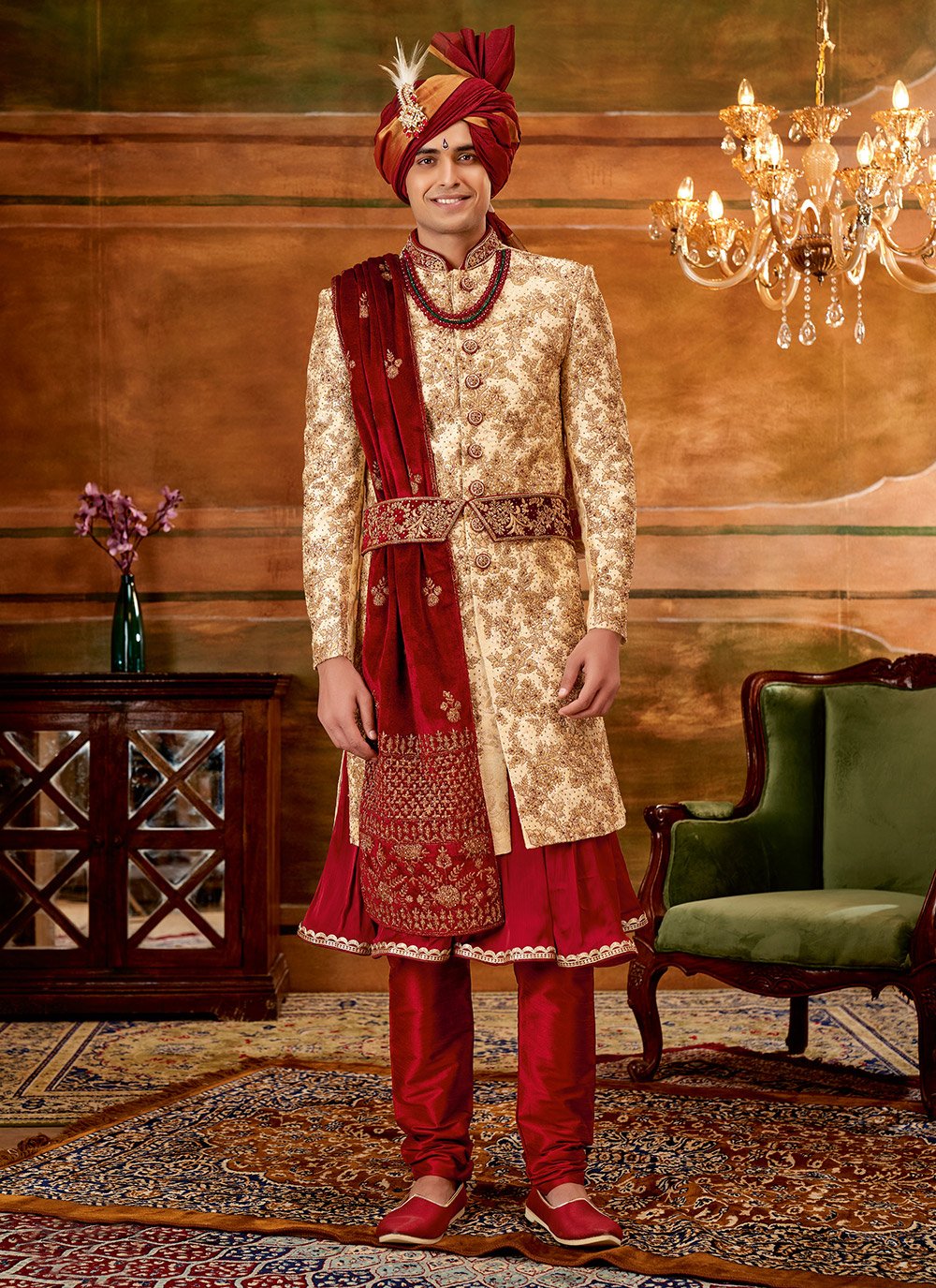 Sherwani Jacquard Beige Hand Work Mens