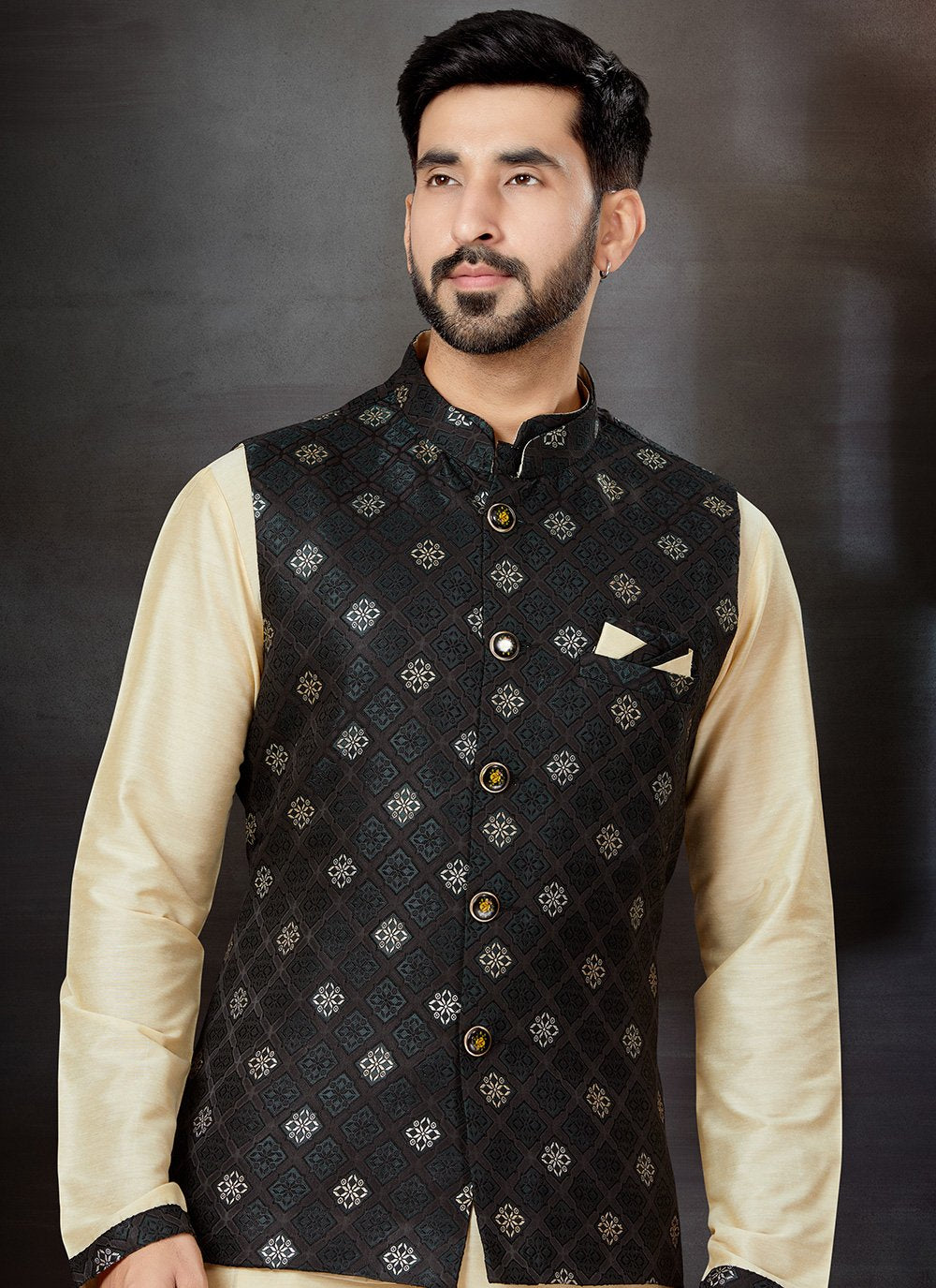 Kurta Payjama With Jacket Dupion Silk Jacquard Black Cream Embroidered Mens