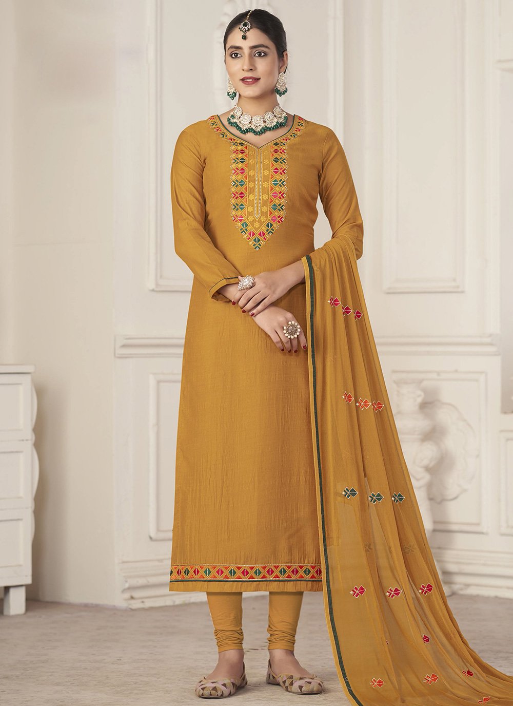 Churidar Suit Jacquard Mustard Embroidered Salwar Kameez