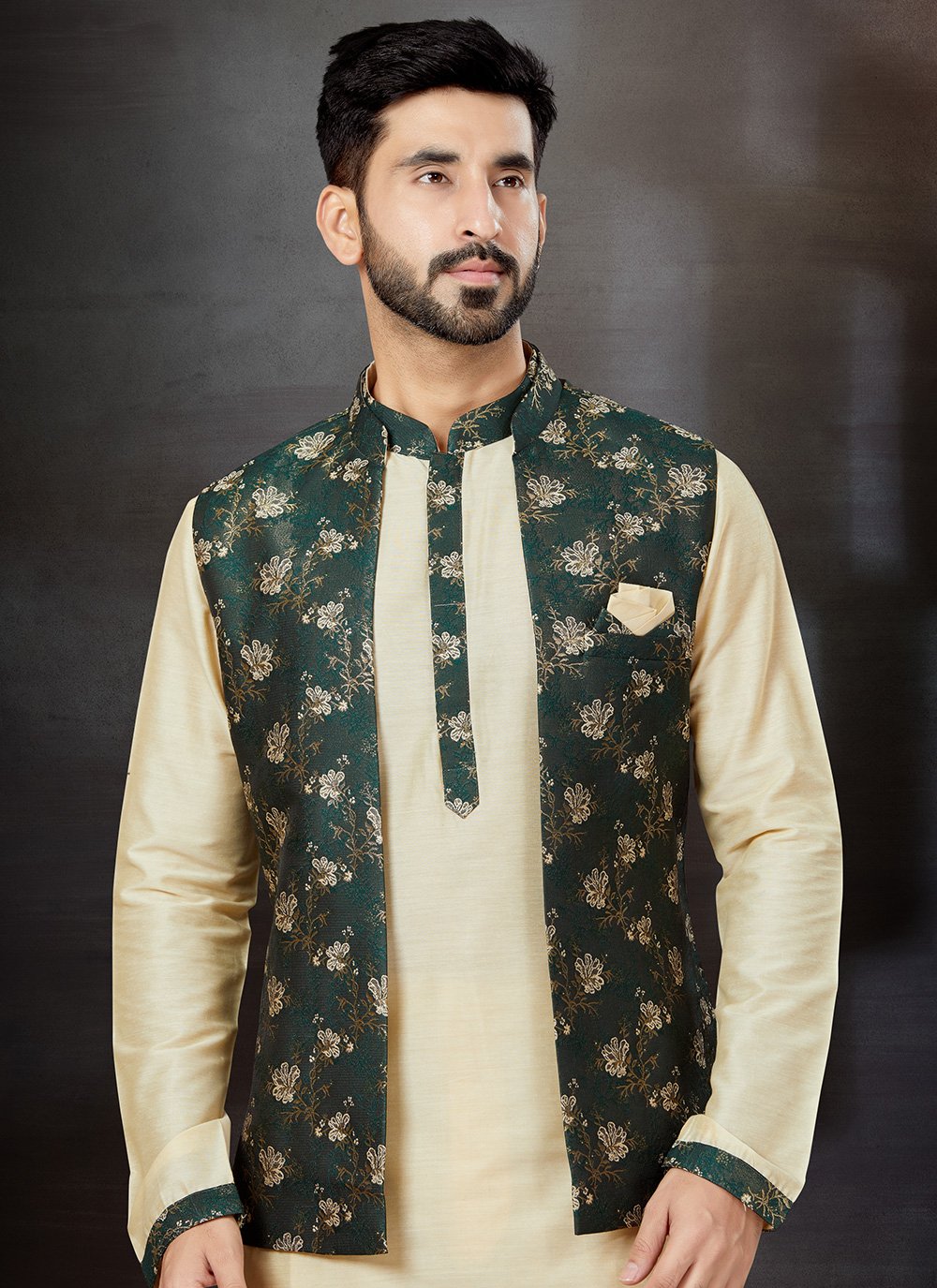Kurta Payjama With Jacket Dupion Silk Jacquard Cream Green Embroidered Mens