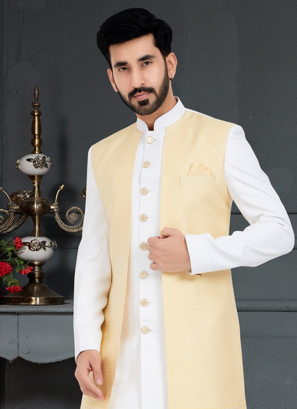 Indo Western Jacquard Cream White Weaving Mens