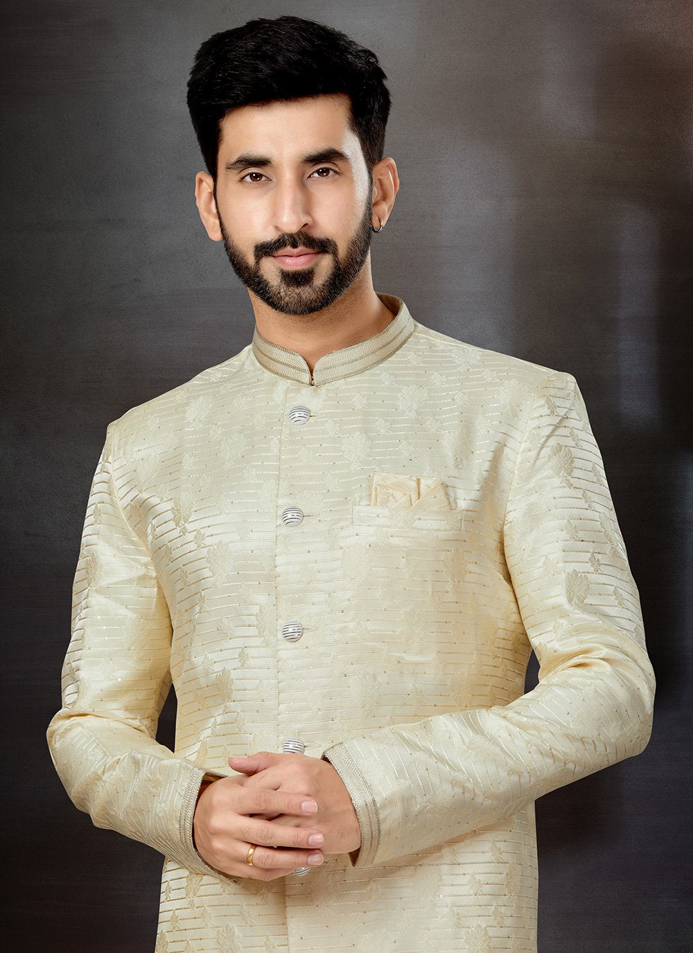 Indo Western Sherwani Jacquard Cream Embroidered Mens
