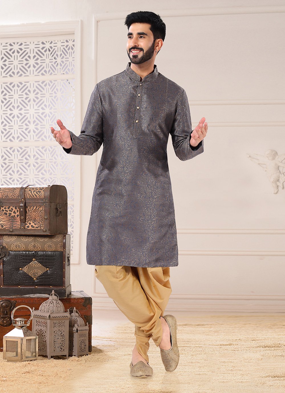 Dhoti Kurta Jacquard Grey Embroidered Mens