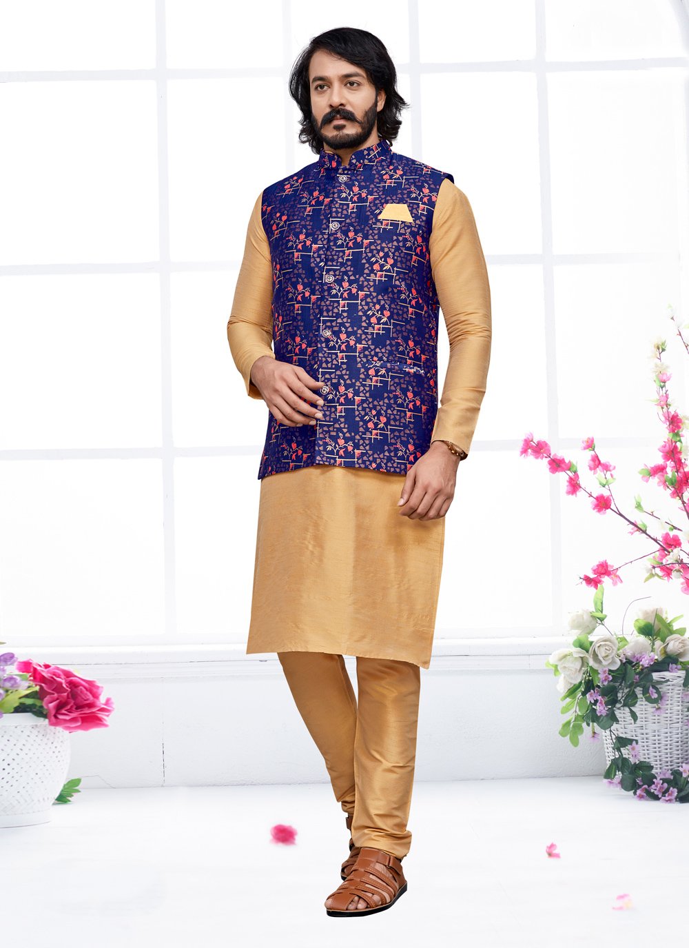 Kurta Payjama With Jacket Art Silk Jacquard Beige Blue Digital Print Mens