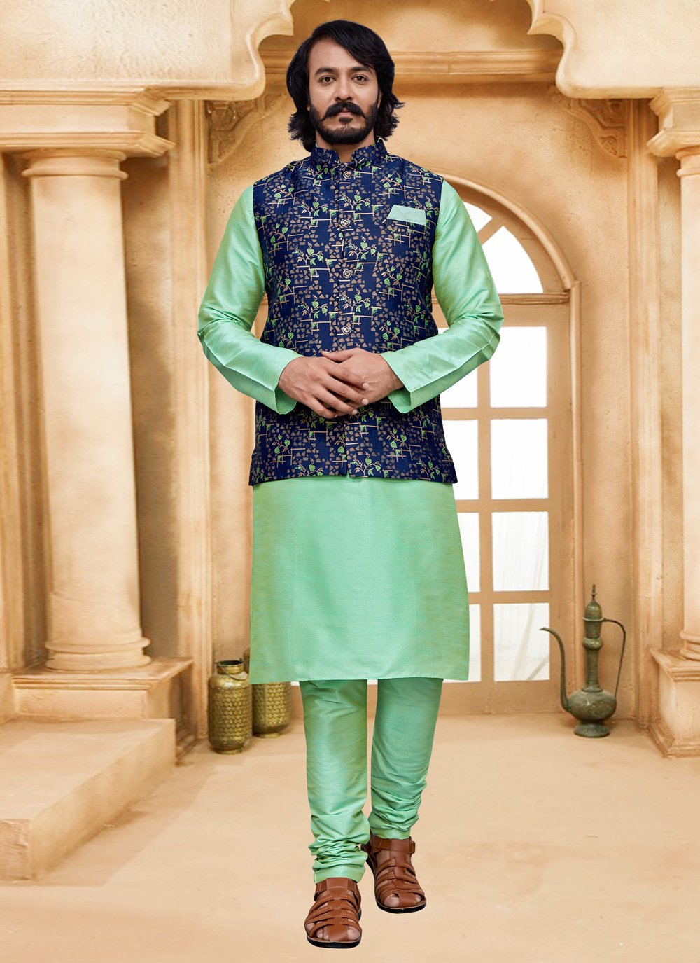 Kurta Payjama With Jacket Art Silk Jacquard Blue Green Digital Print Mens