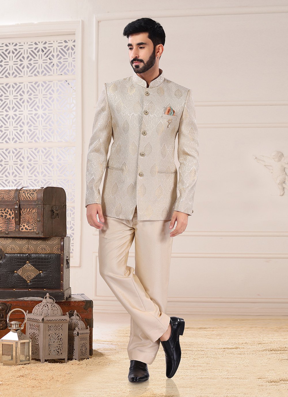 Jodhpuri Suit Jacquard Gold Embroidered Mens