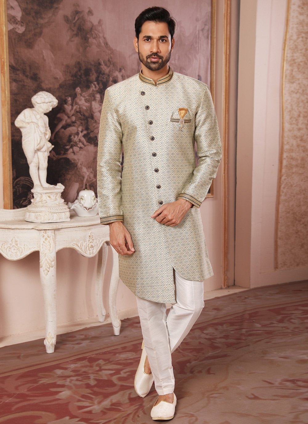 Indo Western Jacquard Cream Embroidered Mens