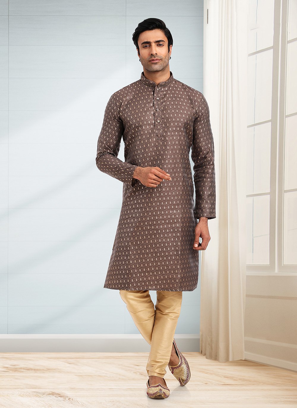 Kurta Pyjama Jacquard Brown Embroidered Mens