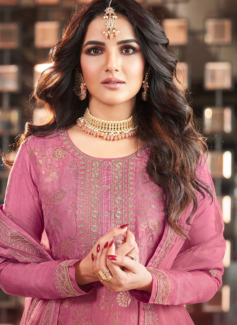 Salwar Suit Jacquard Viscose Pink Embroidered Salwar Kameez