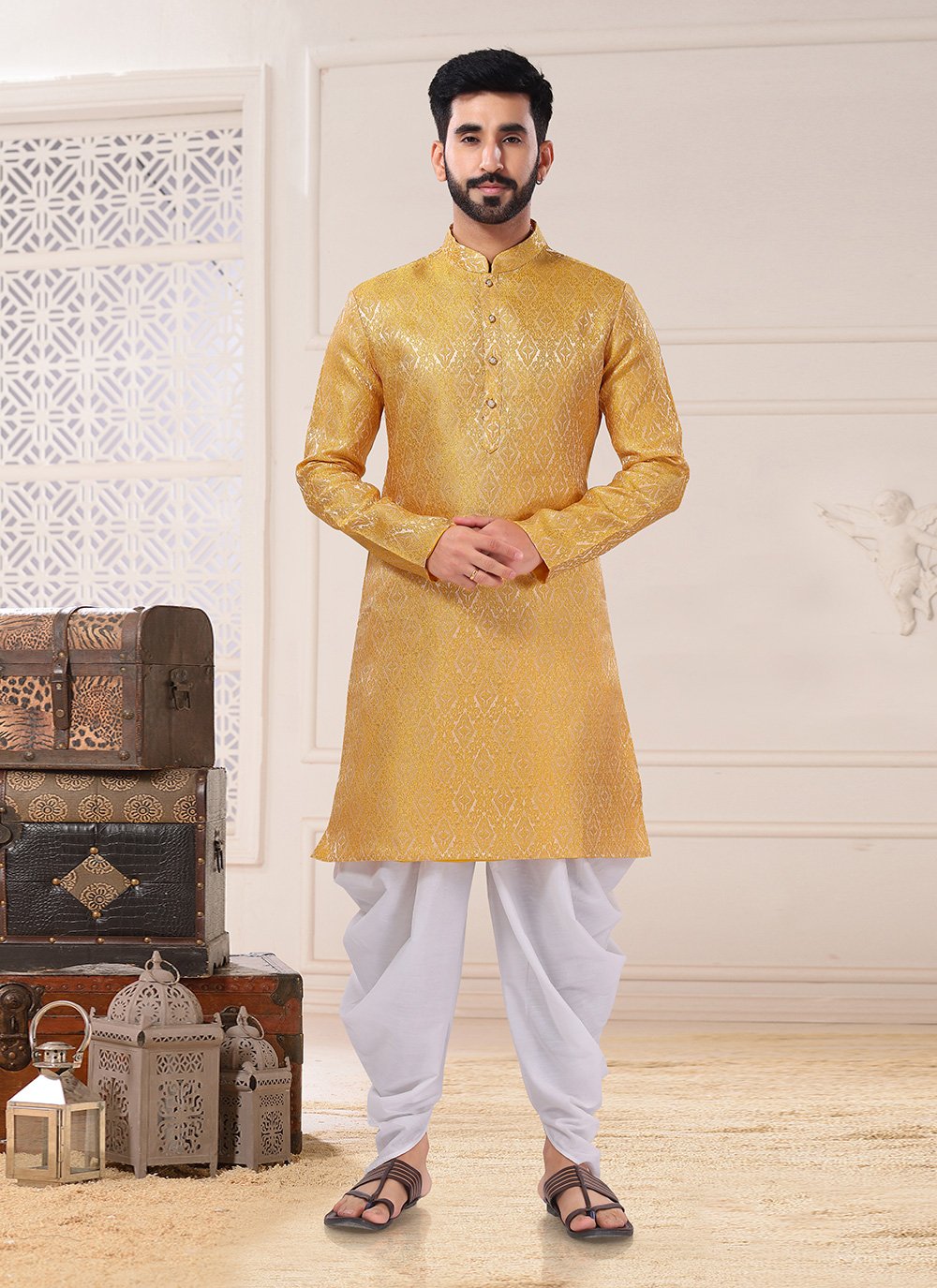 Dhoti Kurta Jacquard Yellow Embroidered Mens