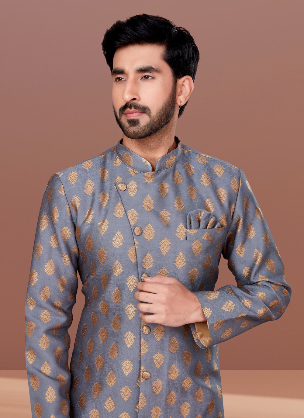 Indo Western Jacquard Grey Fancy Work Mens