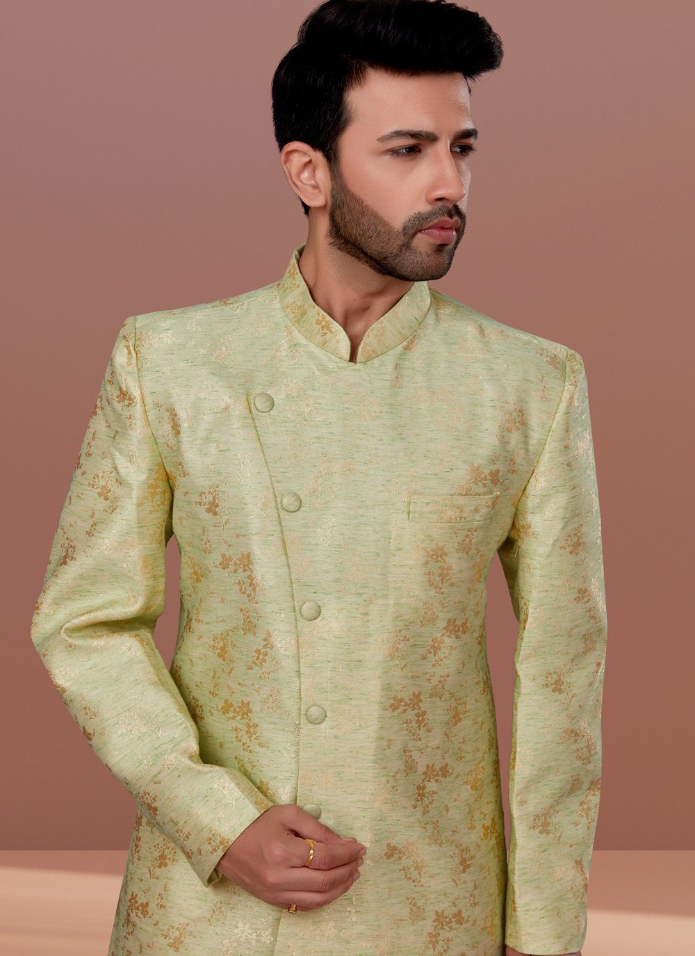 Indo Western Jacquard Linen Green Fancy Work Mens