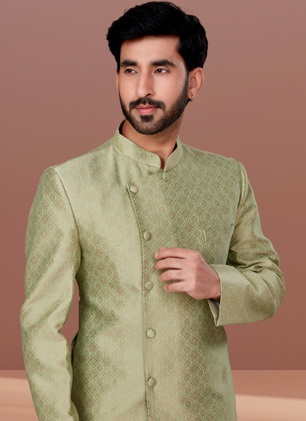 Indo Western Jacquard Green Fancy Work Mens