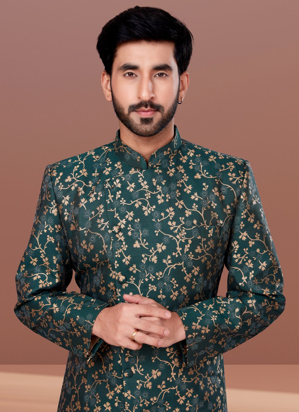 Indo Western Jacquard Green Fancy Work Mens