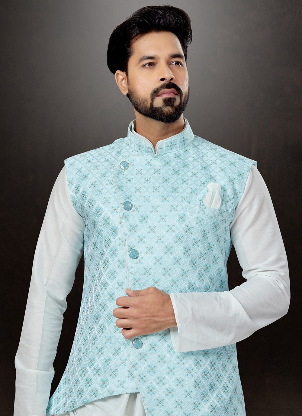 Kurta Payjama With Jacket Dupion Silk Jacquard Firozi Off White Embroidered Mens