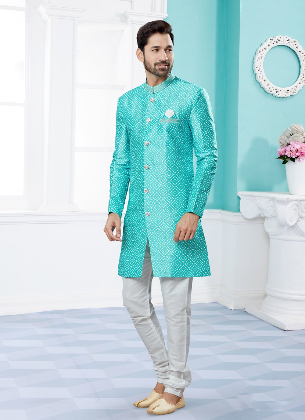 Indo Western Sherwani Jacquard Firozi Digital Print Mens