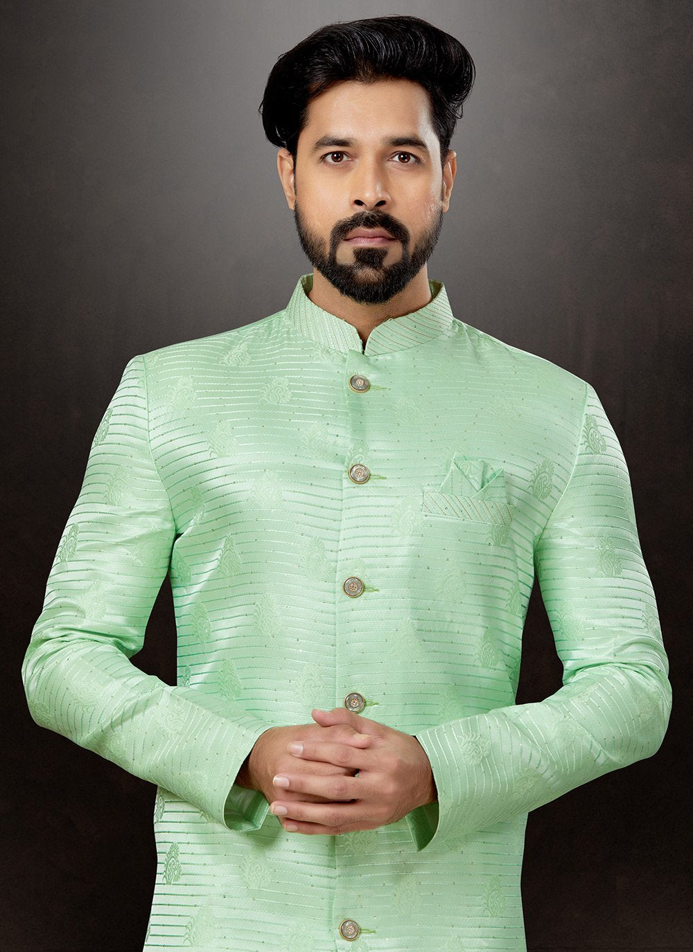 Indo Western Sherwani Jacquard Green Embroidered Mens