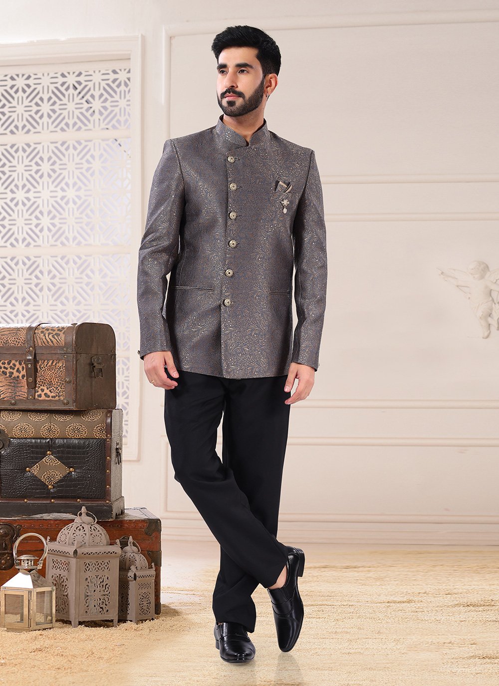 Jodhpuri Suit Jacquard Grey Embroidered Mens