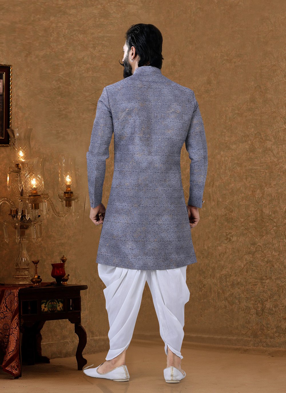 Dhoti Kurta Jacquard Grey Foil Print Mens