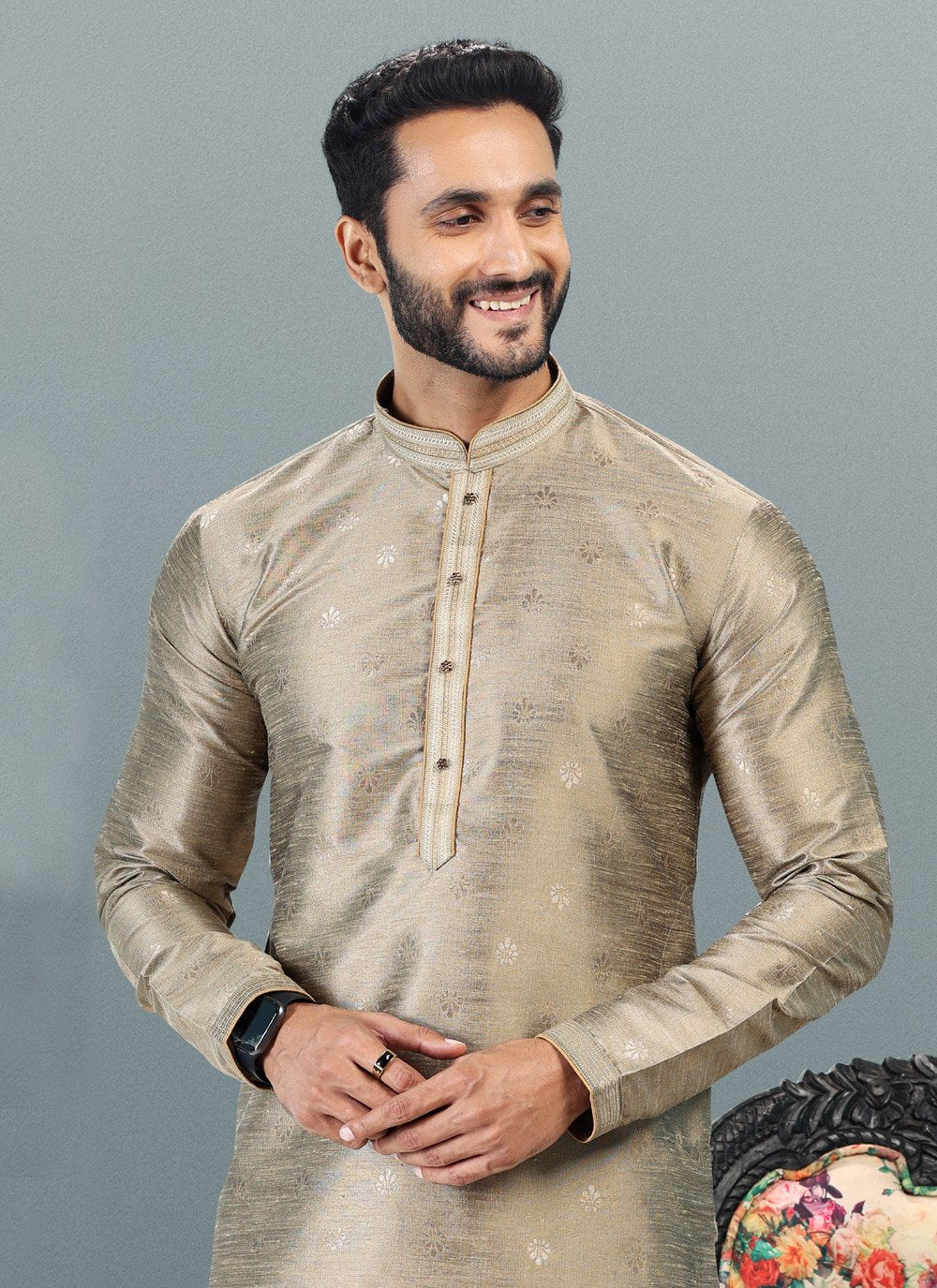 Kurta Pyjama Banarasi Silk Jacquard Grey Fancy Work Mens