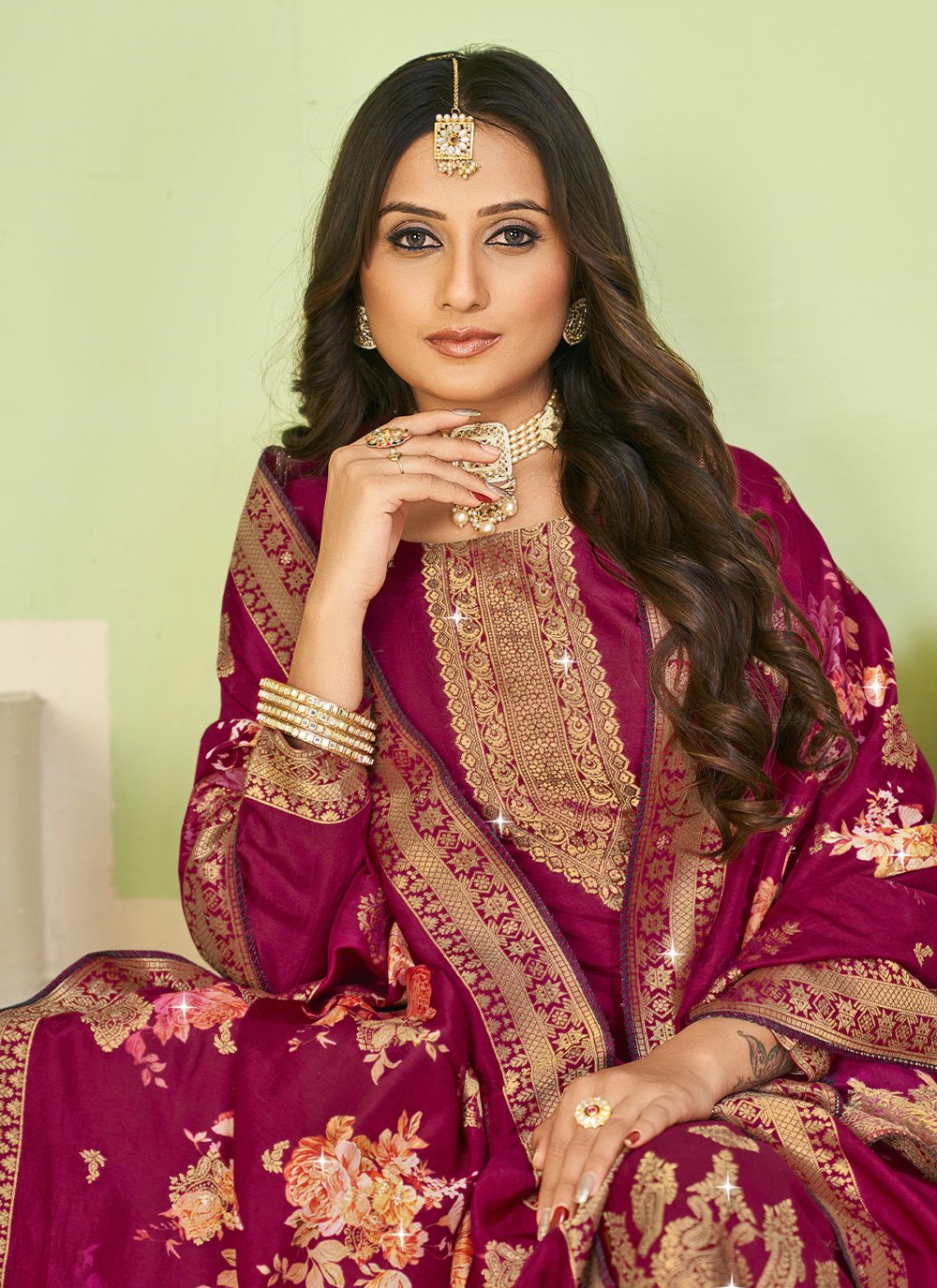 Palazzo Salwar Suit Jacquard Pure Dola Viscose Hot Pink Diamond Salwar Kameez