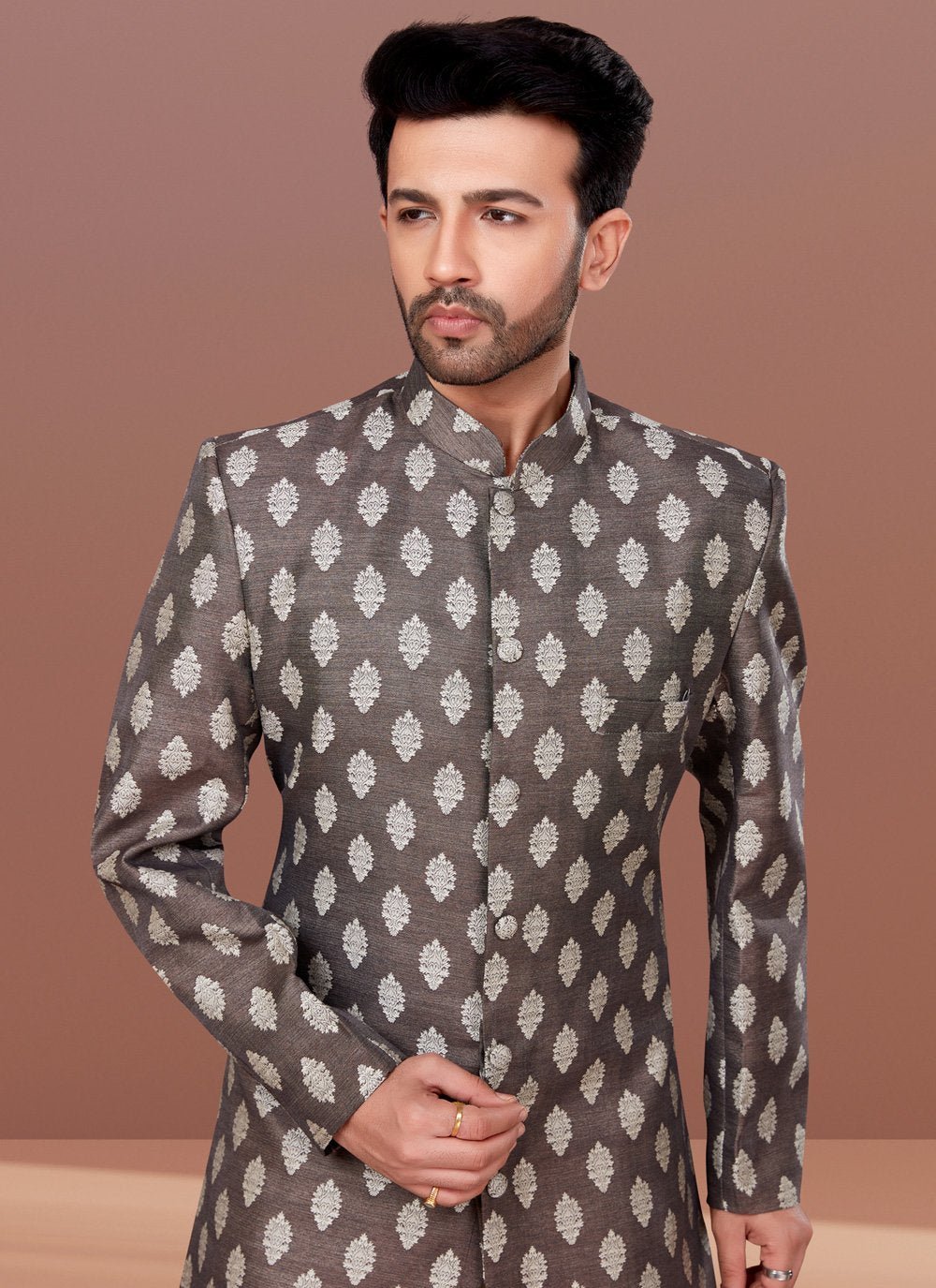 Indo Western Jacquard Brown Fancy Work Mens