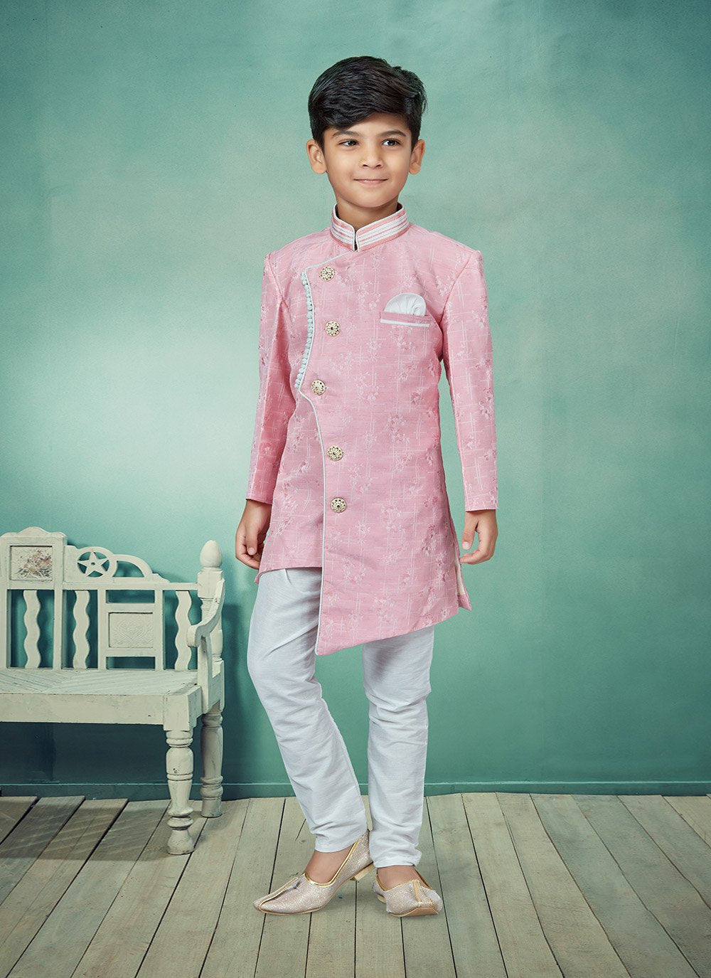 Indo Western Jacquard Pink Stone Kids