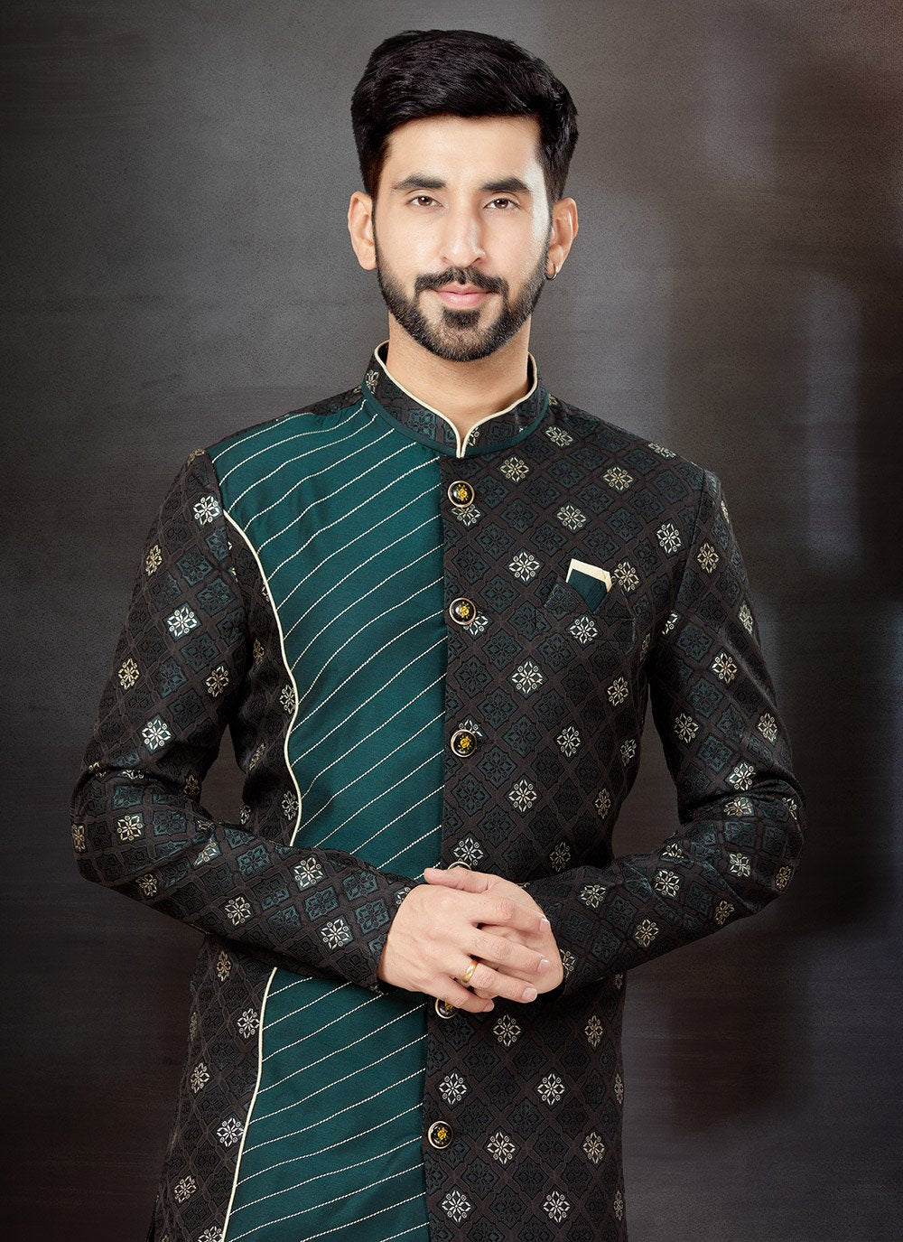 Indo Western Sherwani Jacquard Black Green Embroidered Mens