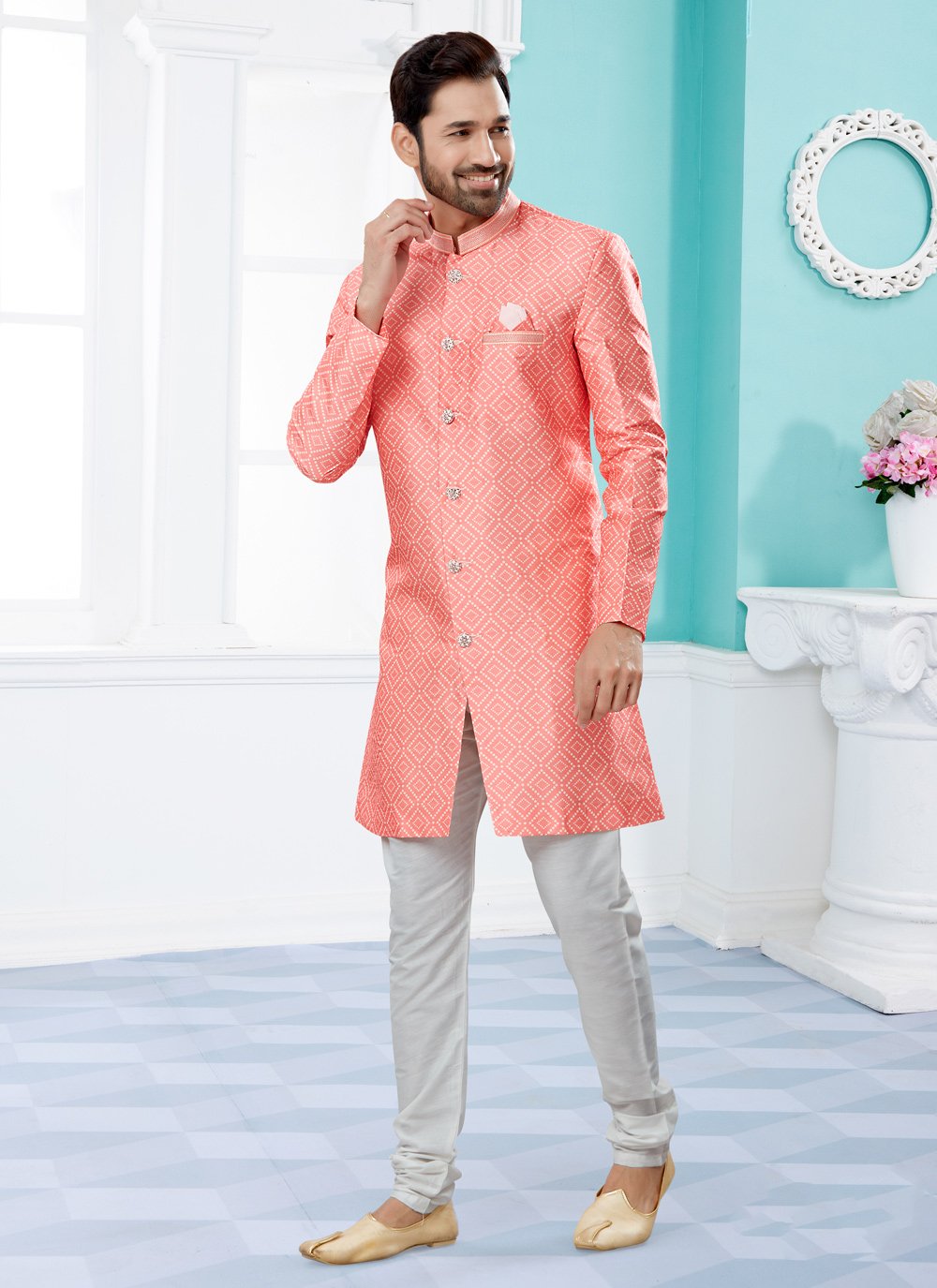 Indo Western Sherwani Jacquard Pink Digital Print Mens