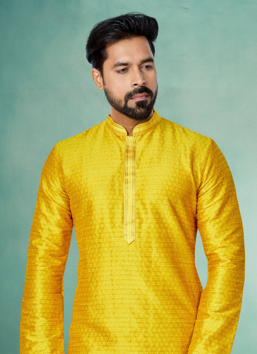 Kurta Pyjama Cotton Jacquard Yellow Jacquard Work Mens