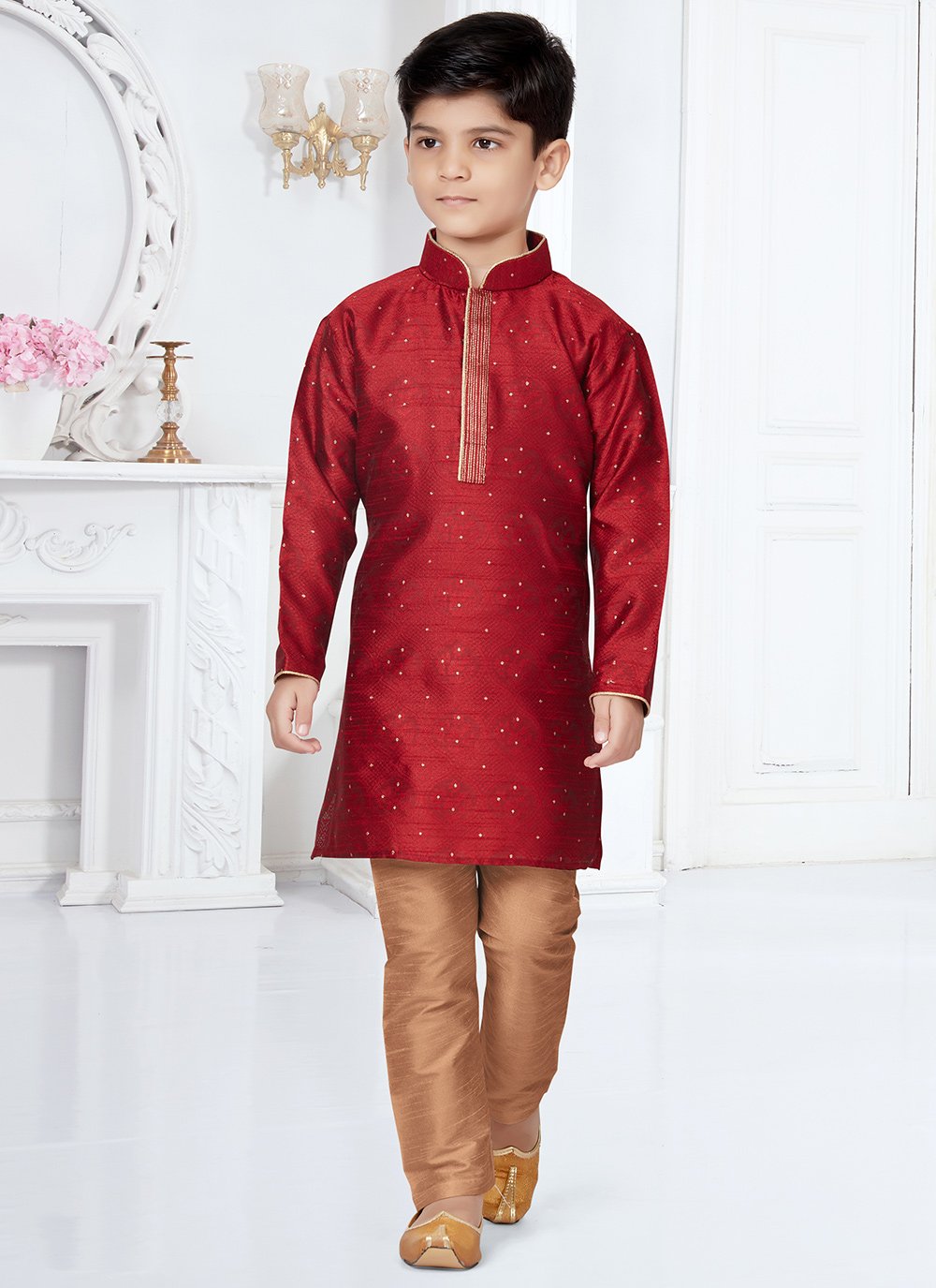 Kurta Pyjama Jacquard Maroon Thread Kids