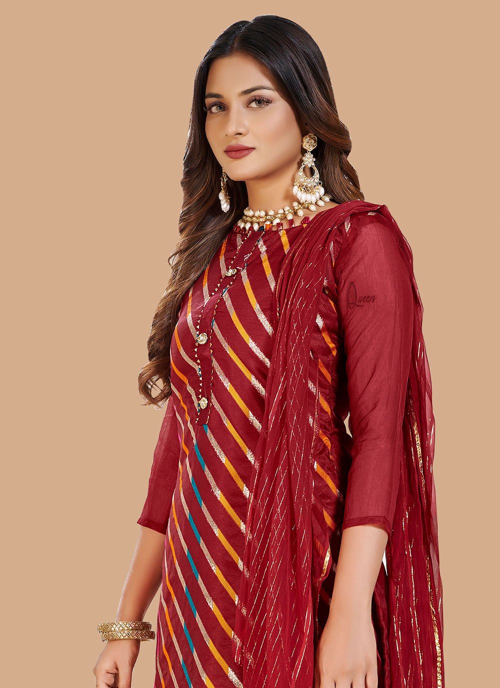 Salwar Suit Jacquard Organza Maroon Lace Salwar Kameez