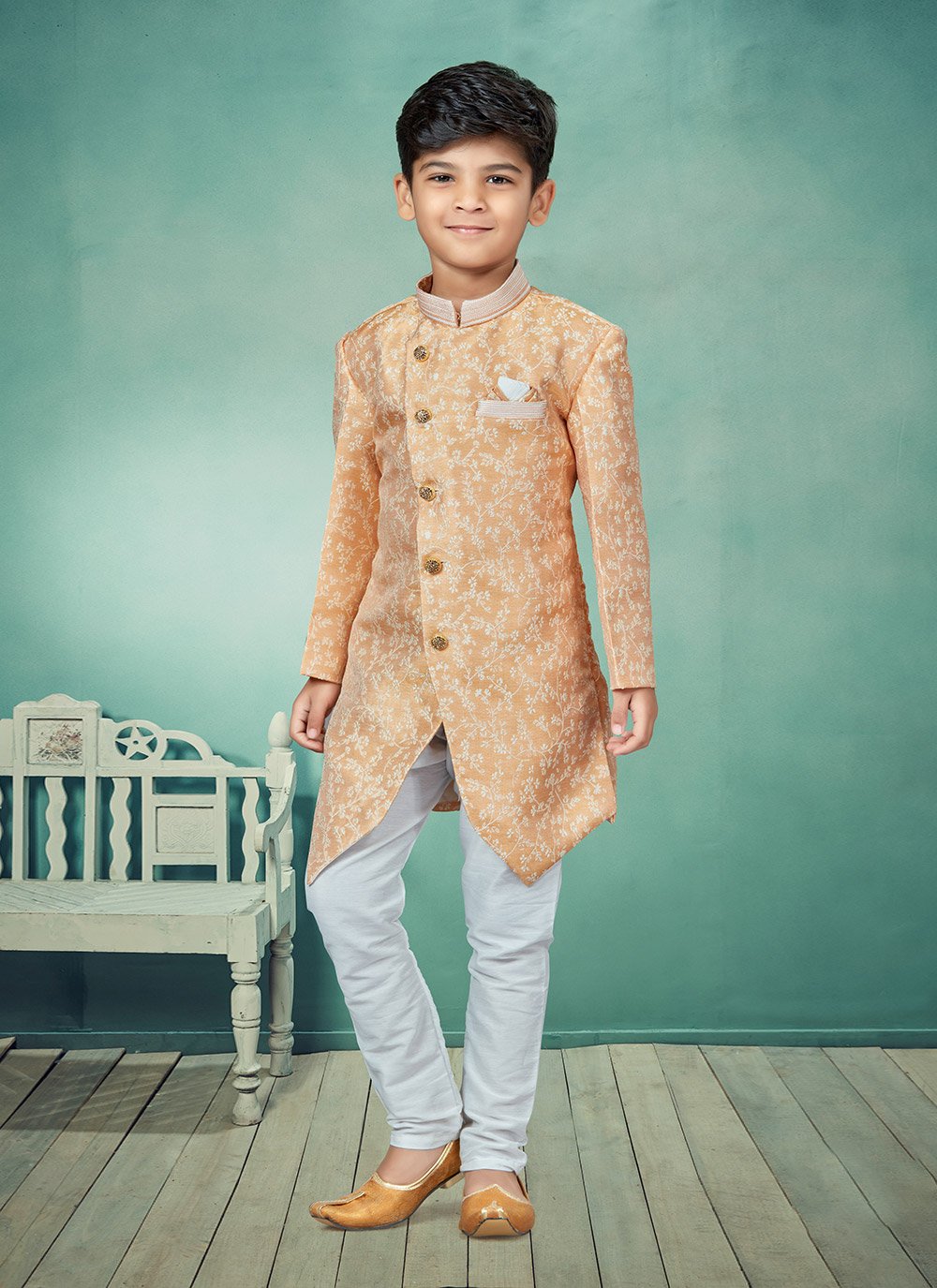 Indo Western Jacquard Mustard Off White Lace Kids