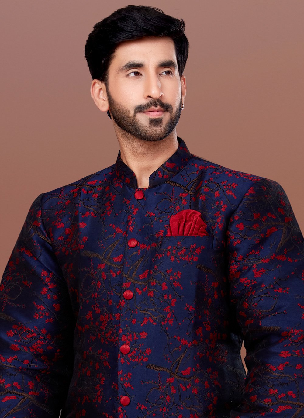 Indo Western Jacquard Blue Red Fancy Work Mens
