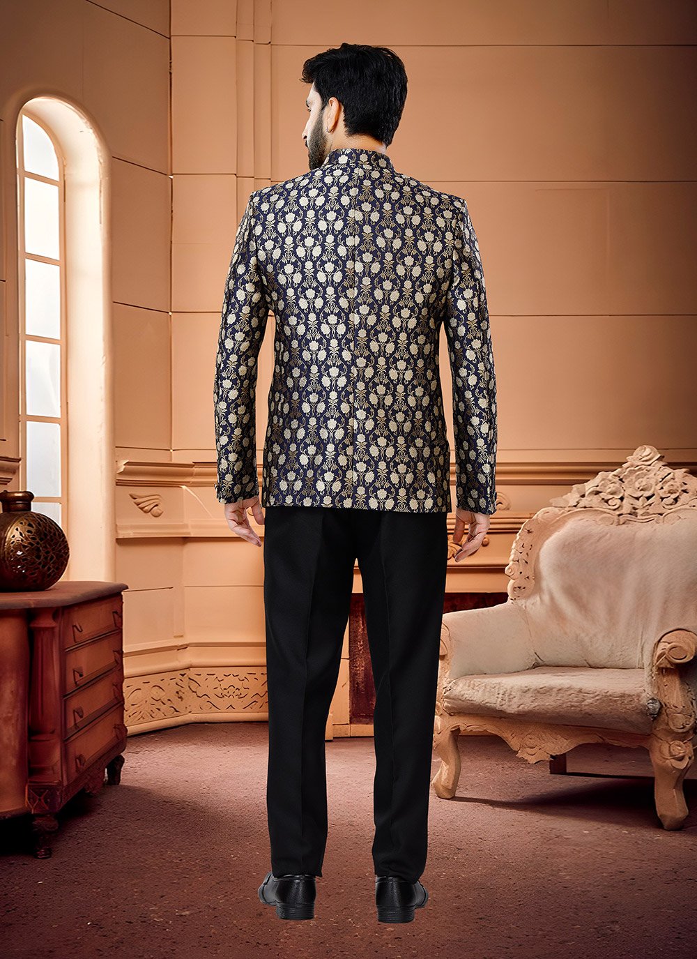 Jodhpuri Suit Jacquard Blue Fancy Work Mens