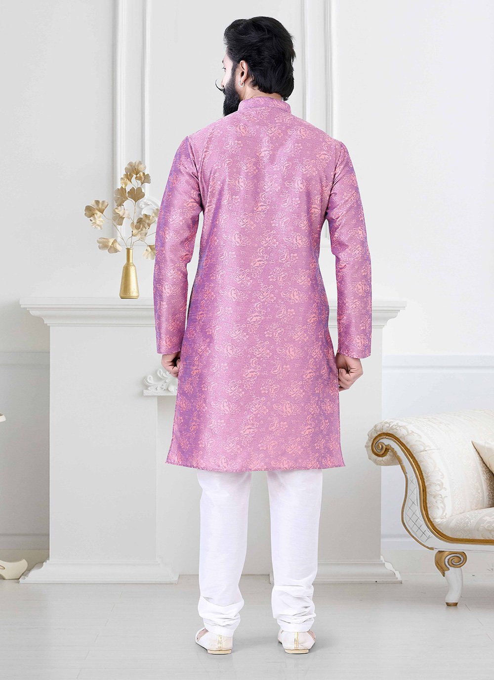 Kurta Pyjama Jacquard Pink Print Mens