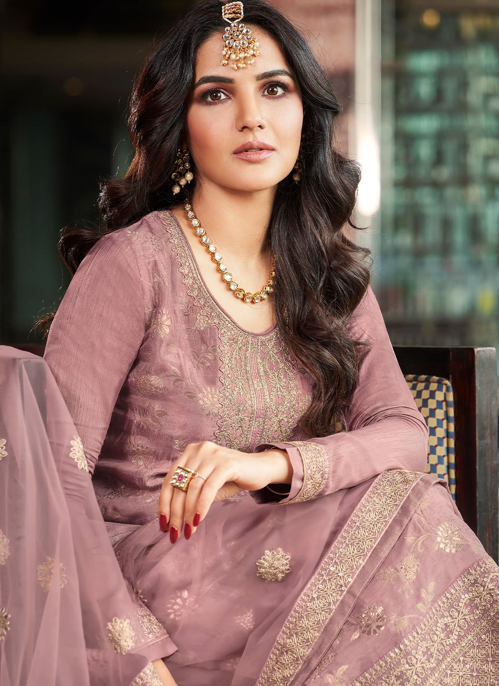 Salwar Suit Jacquard Viscose Pink Embroidered Salwar Kameez